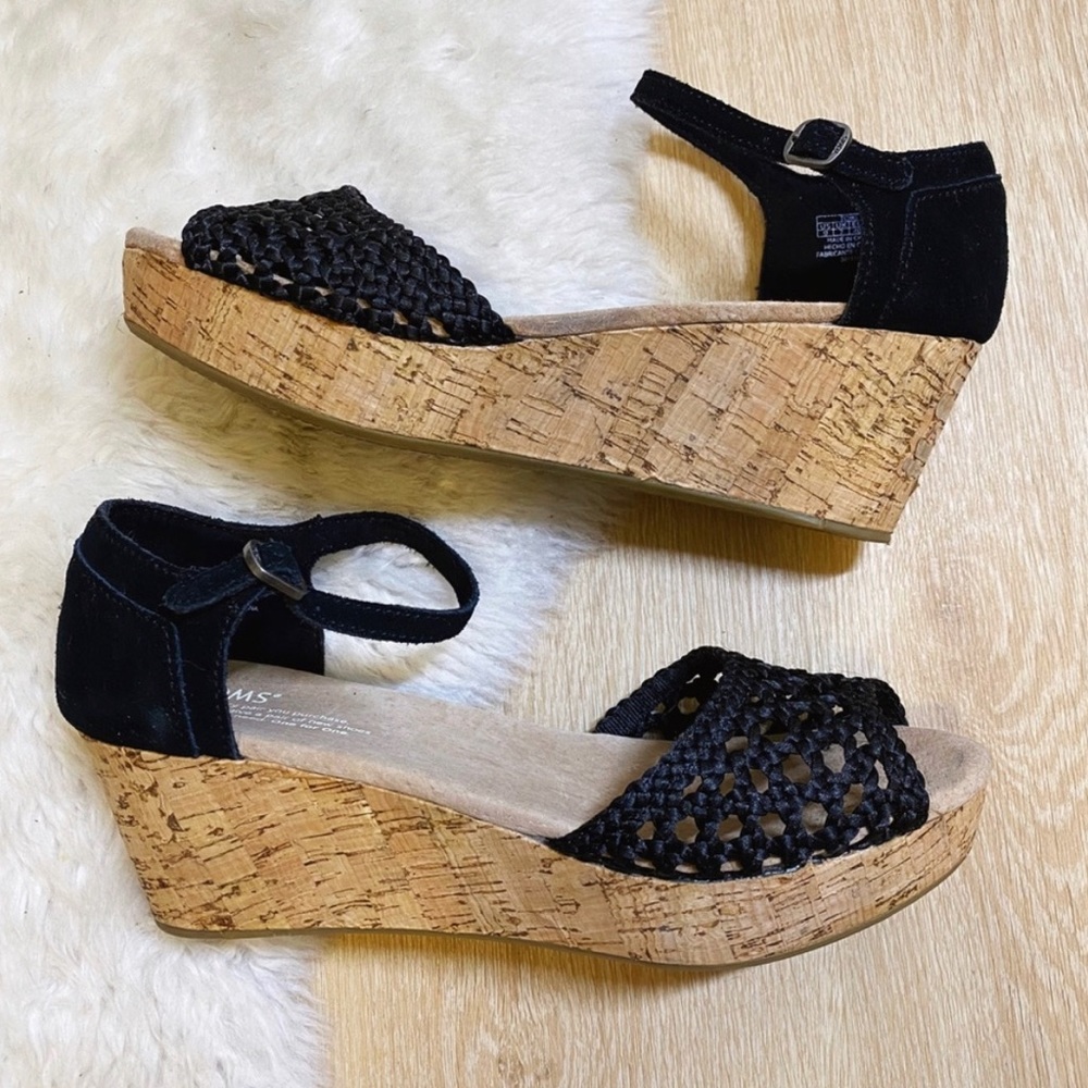 Toms Black Cork Platform Weave Seude Sandals